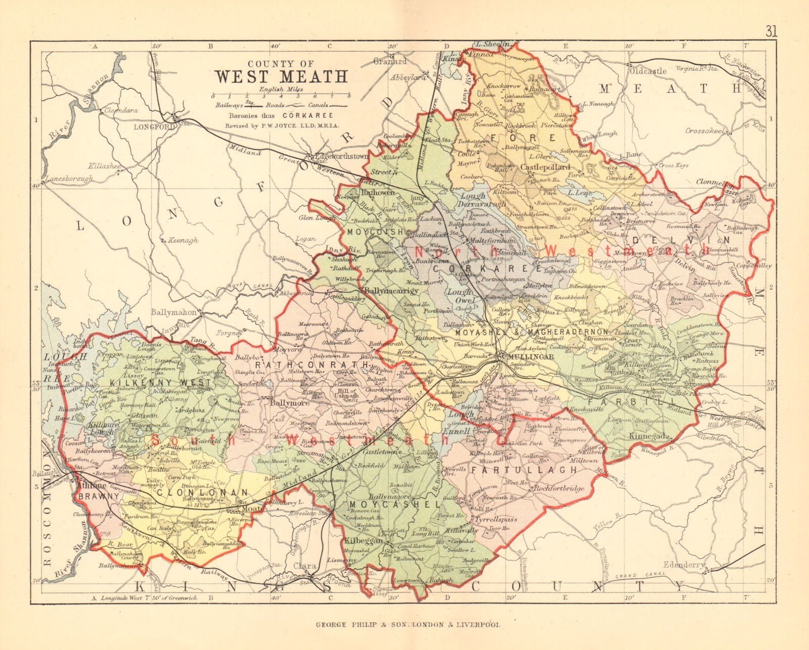 COUNTY WESTMEATH. Antique county map. Leinster. Ireland. BARTHOLOMEW 1886